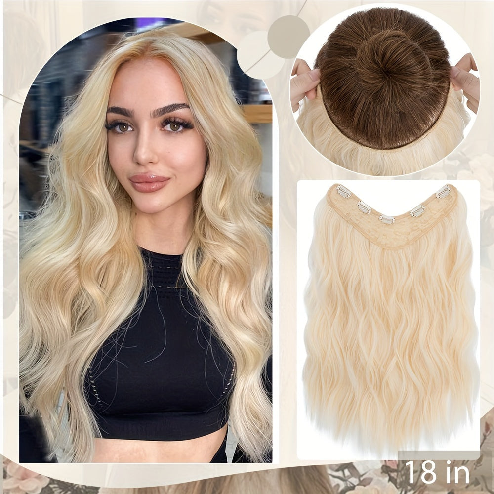 18in One Piece V-Shaped Long Wavy Clip In Hair Extensions Brown Blonde Highlight With 5 Clips For Women Daily Use