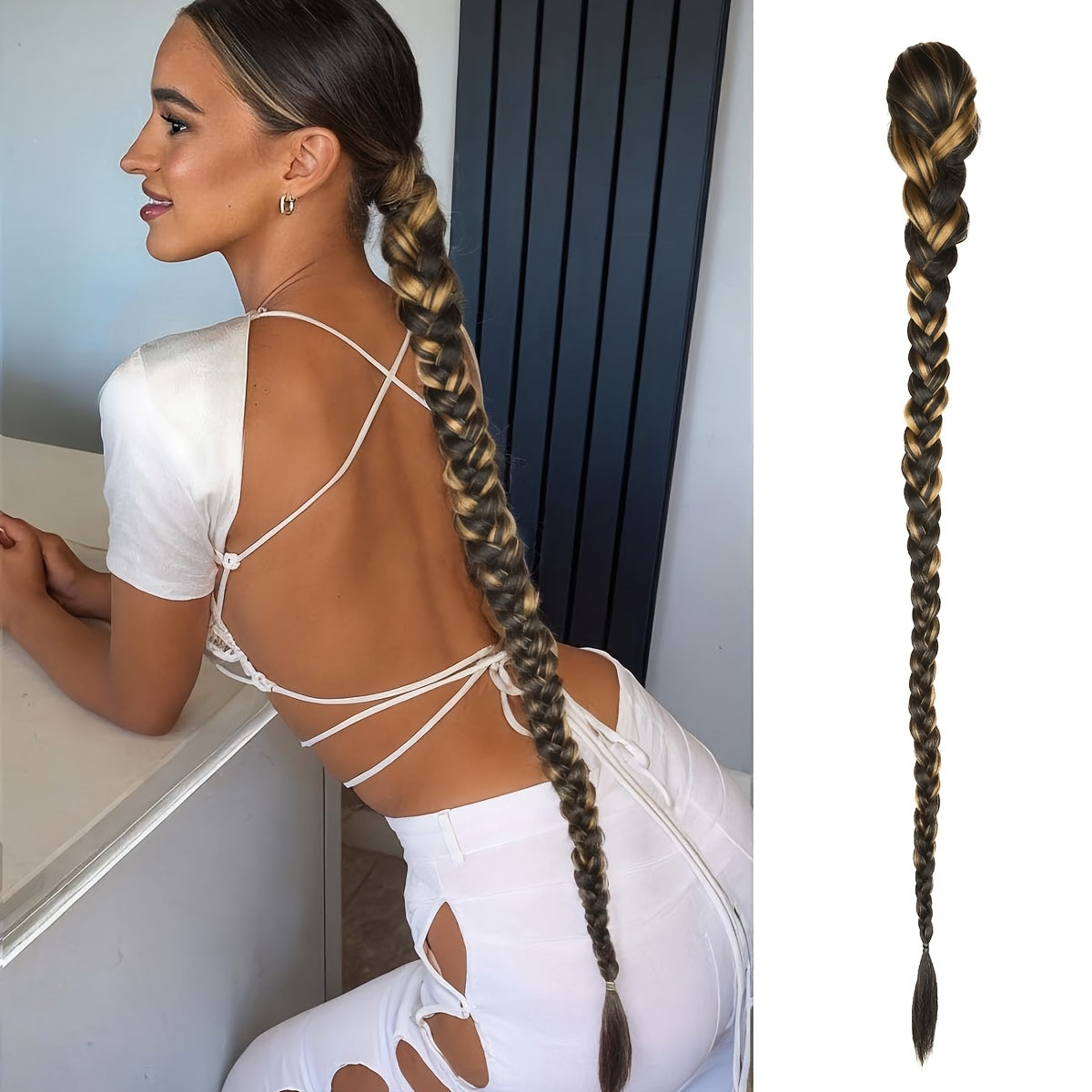 34-Inch Long Black Hair Extensions - Drawstring Ponytail with Braided Detail, High-Temperature Fiber, Perfect for Women & Girls, Stylish Hair Addition|Sleek Ponytail|Highquality Hair Extensions, Hair Accessories
