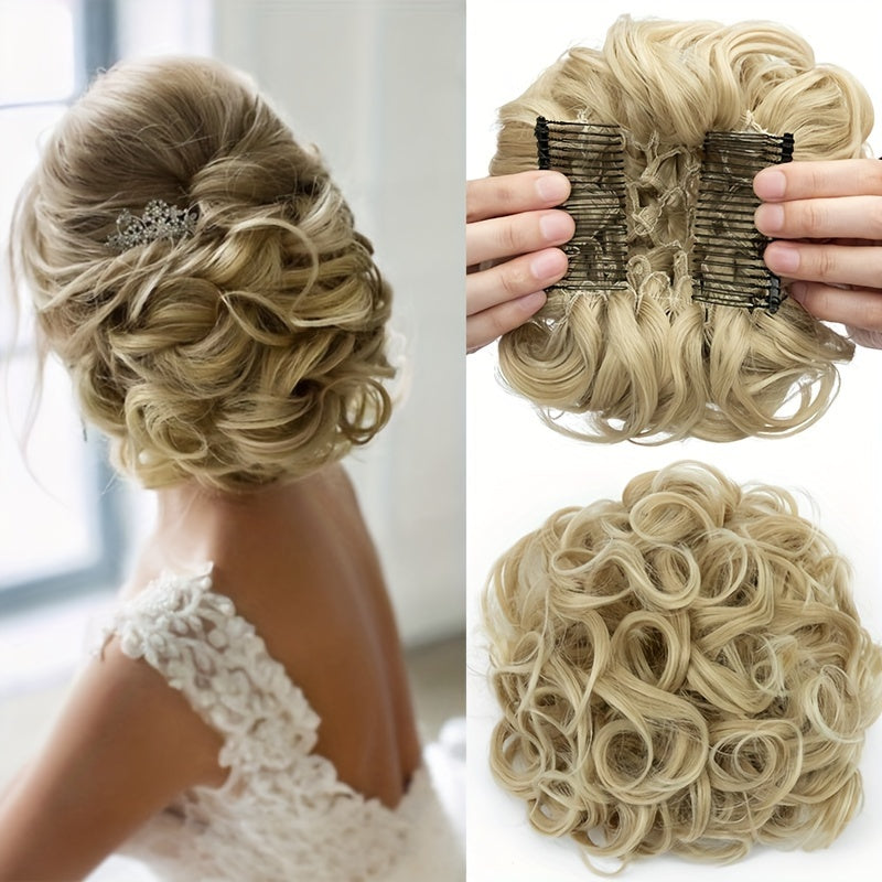Clip-In Short Combs Messy Curly Bun Hair Extensions with Heat Styling - Easy Stretch Scrunchie Chignon Tray for Women, Multi-Color (Light Brown/Dark Blonde/Black) for Daily, Wedding & Festival Use, Wedding Hair Accessory, Easyattach Hairpiece