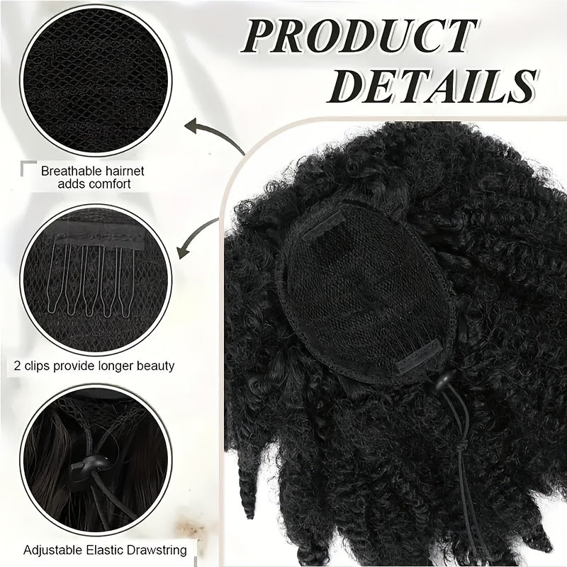 BELLE SHOW 35.56cm Afro Kinky Curly Ponytail Extension with Clips - Synthetic Hair Drawstring Ponytail for Women, Black | Secure Hold, Natural Look, Versatile Styling for All Ethnicities, Ponytail Hair Clip