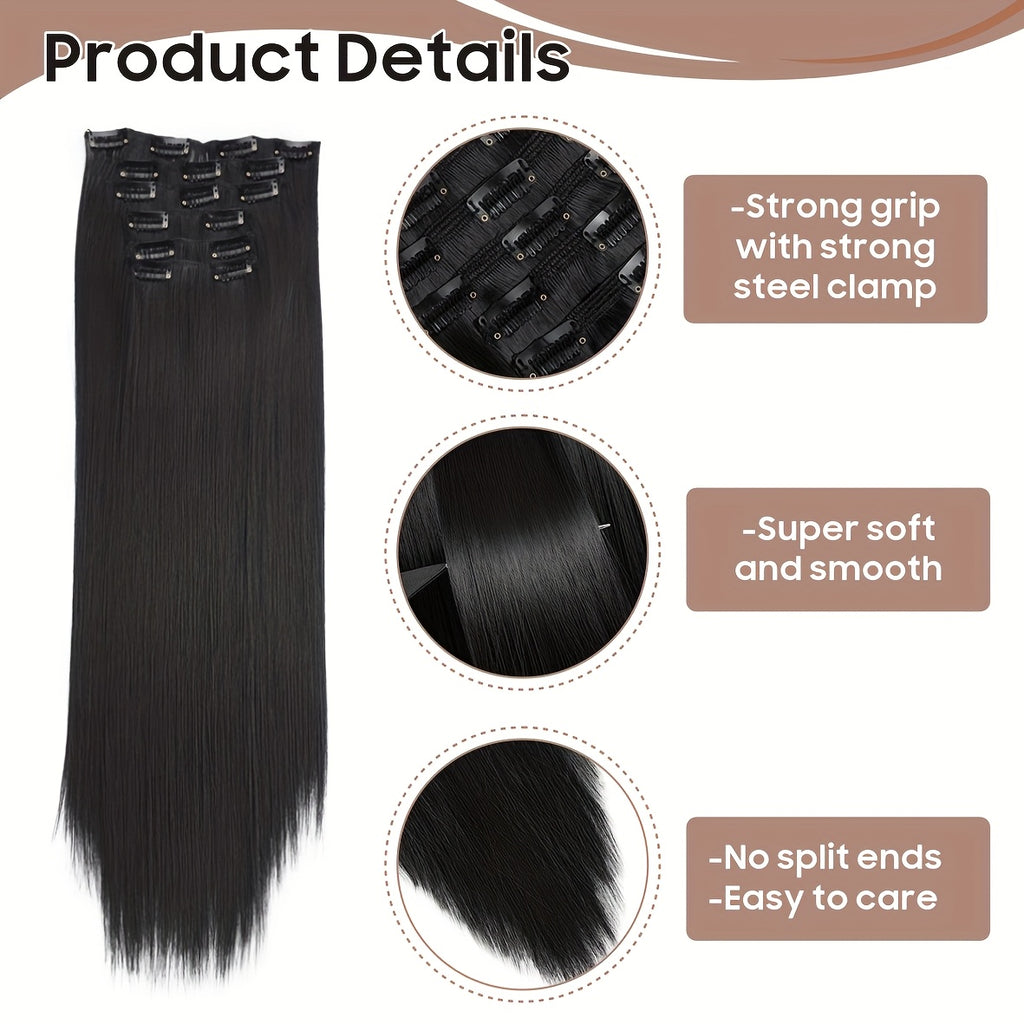 6pcs Full Head Clip-In Hair Extensions 50.8cm Long Thick Curly Wave Synthetic Hair - Dark Black/Natural Black/Dark Brown, Heat Styling Safe, Unisex for Men & Women, All Ethnicities, Length Extension, Voluminous Curls, Highquality Fibers, Beauty Lovers