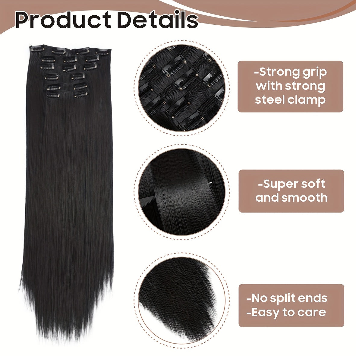 6pcs Full Head Clip-In Hair Extensions 50.8cm Long Thick Curly Wave Synthetic Hair - Dark Black/Natural Black/Dark Brown, Heat Styling Safe, Unisex for Men & Women, All Ethnicities, Length Extension, Voluminous Curls, Highquality Fibers, Beauty Lovers