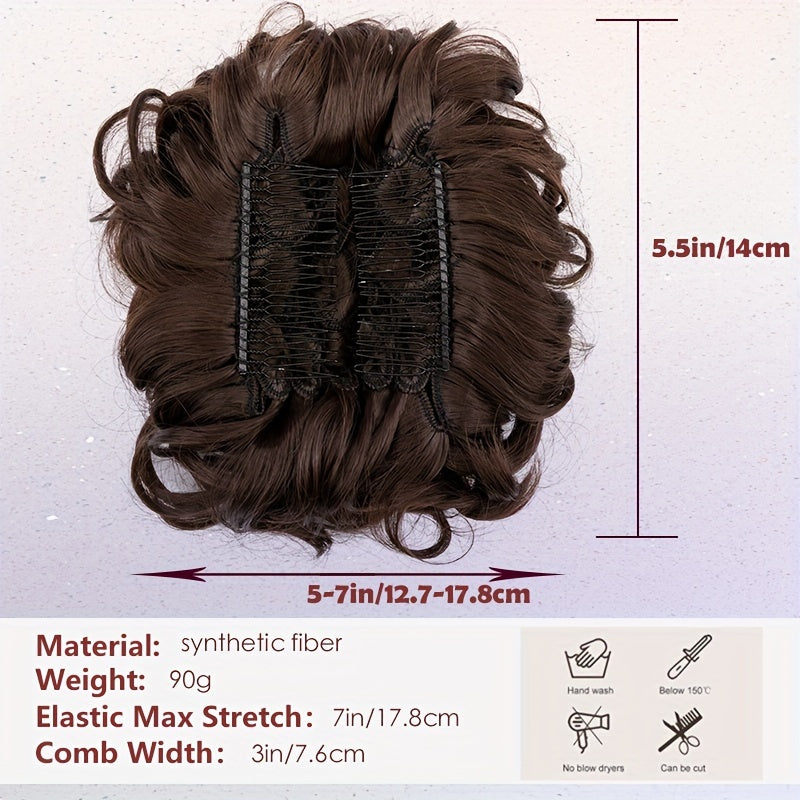 Clip-In Short Combs Messy Curly Bun Hair Extensions with Heat Styling - Easy Stretch Scrunchie Chignon Tray for Women, Multi-Color (Light Brown/Dark Blonde/Black) for Daily, Wedding & Festival Use, Wedding Hair Accessory, Easyattach Hairpiece