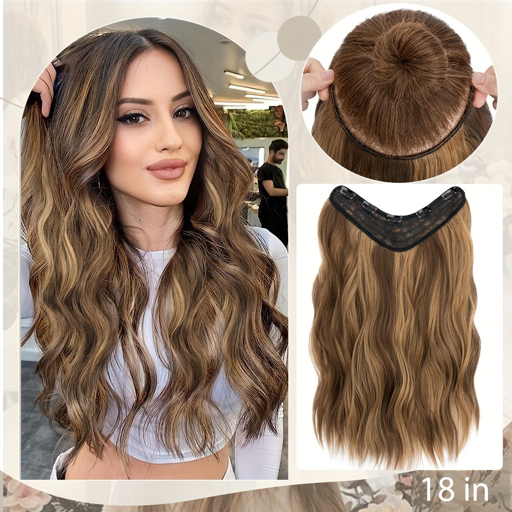 18in One Piece V-Shaped Long Wavy Clip In Hair Extensions Brown Blonde Highlight With 5 Clips For Women Daily Use