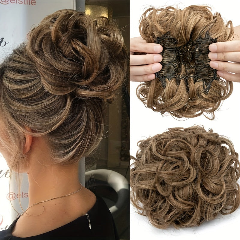 Clip-In Short Combs Messy Curly Bun Hair Extensions with Heat Styling - Easy Stretch Scrunchie Chignon Tray for Women, Multi-Color (Light Brown/Dark Blonde/Black) for Daily, Wedding & Festival Use, Wedding Hair Accessory, Easyattach Hairpiece