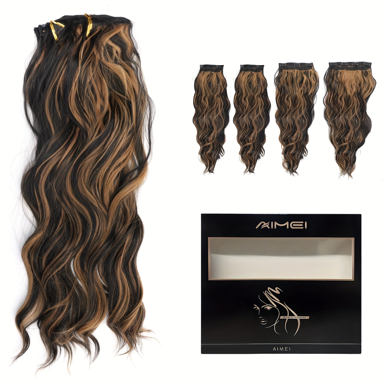4pcs NEVERLAND Clip-In Hair Extensions 50.8 cm Long Wavy Dark Brown with Golden Highlights - Thick Heat-Resistant Synthetic Hairpieces with 2 BB Clips & Storage Bag for Women, All Ethnicities
