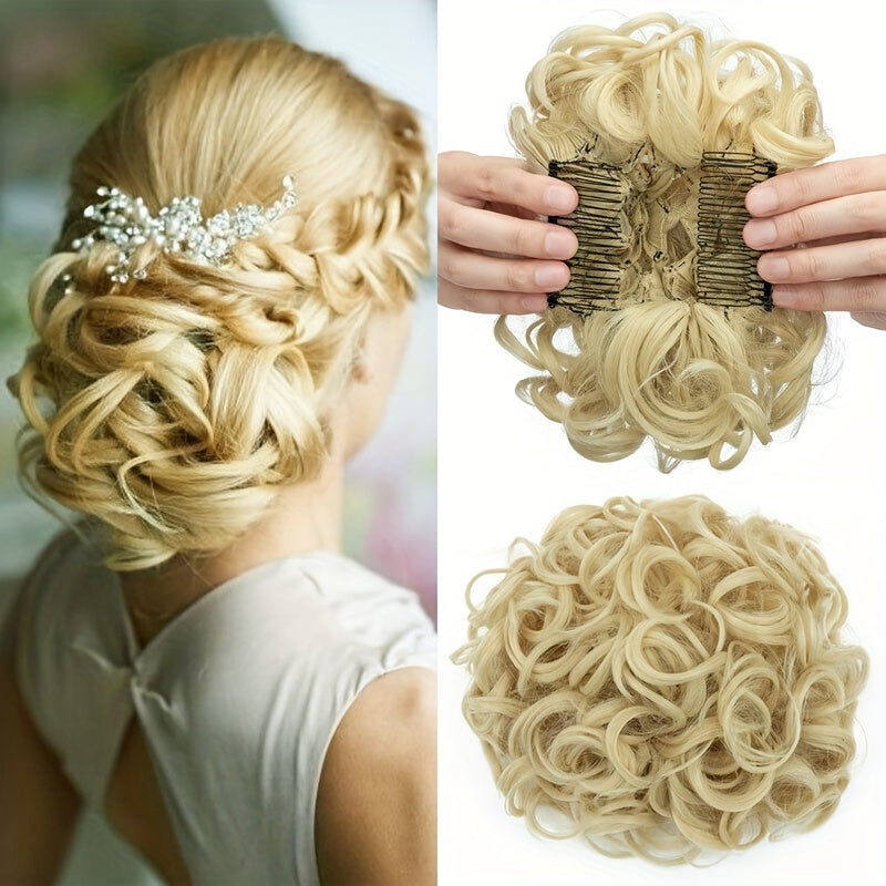 Clip-In Short Combs Messy Curly Bun Hair Extensions with Heat Styling - Easy Stretch Scrunchie Chignon Tray for Women, Multi-Color (Light Brown/Dark Blonde/Black) for Daily, Wedding & Festival Use, Wedding Hair Accessory, Easyattach Hairpiece
