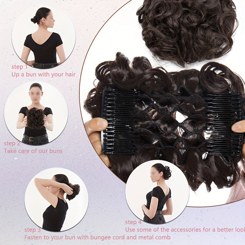Clip-In Short Combs Messy Curly Bun Hair Extensions with Heat Styling - Easy Stretch Scrunchie Chignon Tray for Women, Multi-Color (Light Brown/Dark Blonde/Black) for Daily, Wedding & Festival Use, Wedding Hair Accessory, Easyattach Hairpiece