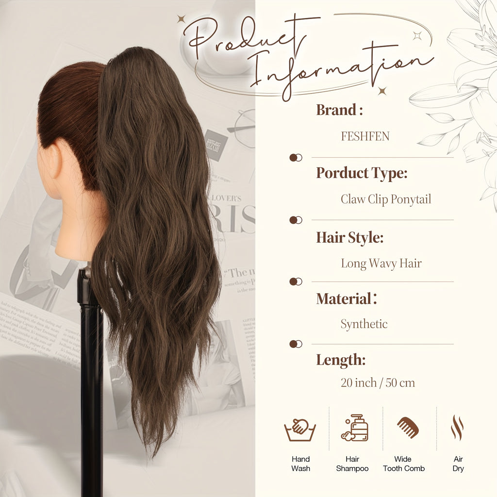 FESHFEN Ponytail Extensions, Long Claw Clip In Ponytail Hairpiece Synthetic Pony Tails Hair Piece Ponytail With Claw Clip Natural Wavy Hairpieces For Women, 50.8 cm