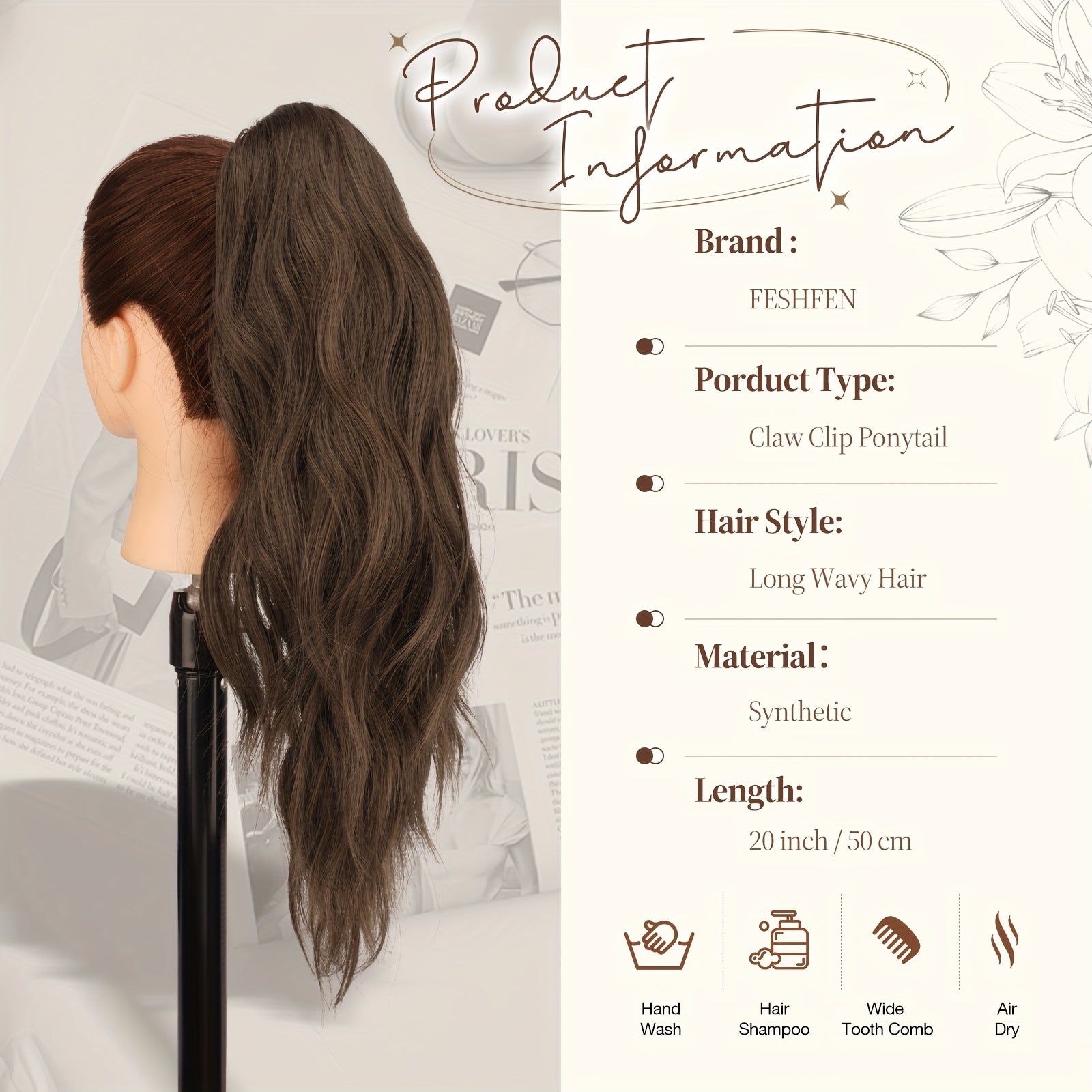 FESHFEN Ponytail Extensions, Long Claw Clip In Ponytail Hairpiece Synthetic Pony Tails Hair Piece Ponytail With Claw Clip Natural Wavy Hairpieces For Women, 50.8 cm