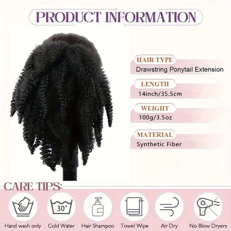 BELLE SHOW 35.56cm Afro Kinky Curly Ponytail Extension with Clips - Synthetic Hair Drawstring Ponytail for Women, Black | Secure Hold, Natural Look, Versatile Styling for All Ethnicities, Ponytail Hair Clip