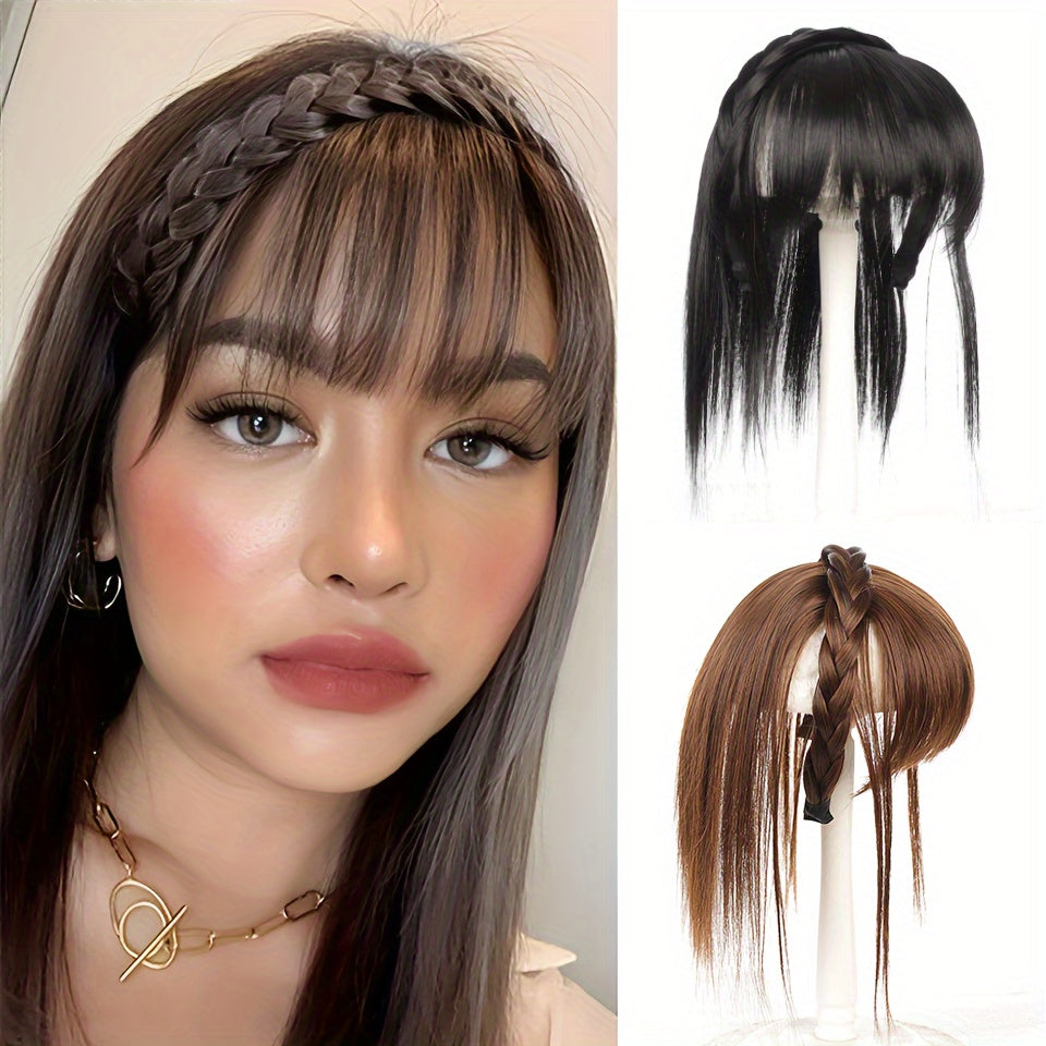 Women's Synthetic Straight Hair Topper with Clip-In Bangs and Overhead Braids - Natural Looking Fake Fringe Hair Extension Hairpiece for All Women Styles