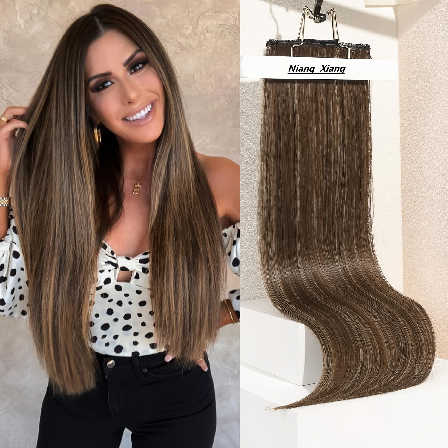 Clip in Hair Extensions, Hair Extensions Thick Long Lace Weft Lightweight Synthetic Hairpieces for Women (60.96 cm-240 Gram(Pack of 5), Chocolate Brown with Golden Blonde Highlights)