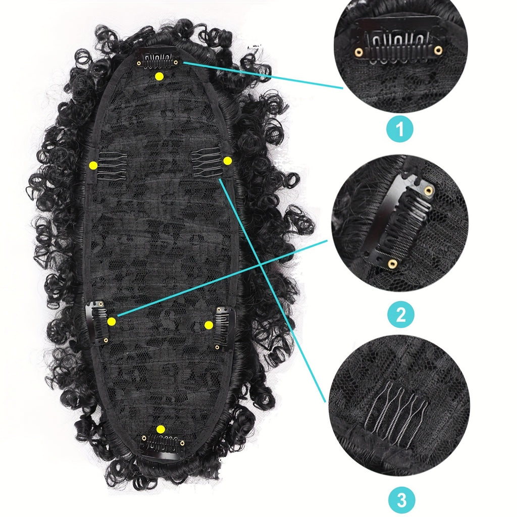 Afro High Puff Hair Bun Ponytail Drawstring With Bangs Synthetic Jerry Curly Mohawk Kinky Curly Fauxhawks Pony Tail Clip In On Ponytails For Women Hair Extensions With Six Clips