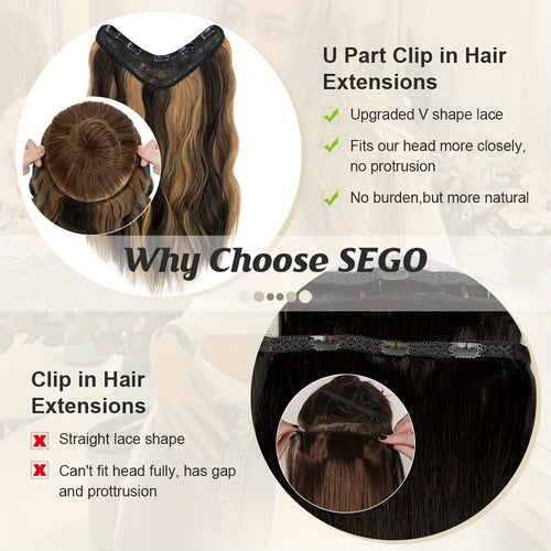 18in One Piece V-Shaped Long Wavy Clip In Hair Extensions Brown Blonde Highlight With 5 Clips For Women Daily Use
