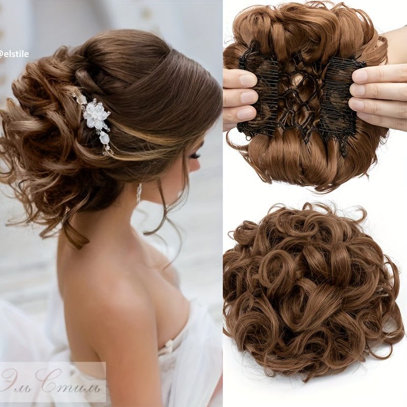 Clip-In Short Combs Messy Curly Bun Hair Extensions with Heat Styling - Easy Stretch Scrunchie Chignon Tray for Women, Multi-Color (Light Brown/Dark Blonde/Black) for Daily, Wedding & Festival Use, Wedding Hair Accessory, Easyattach Hairpiece