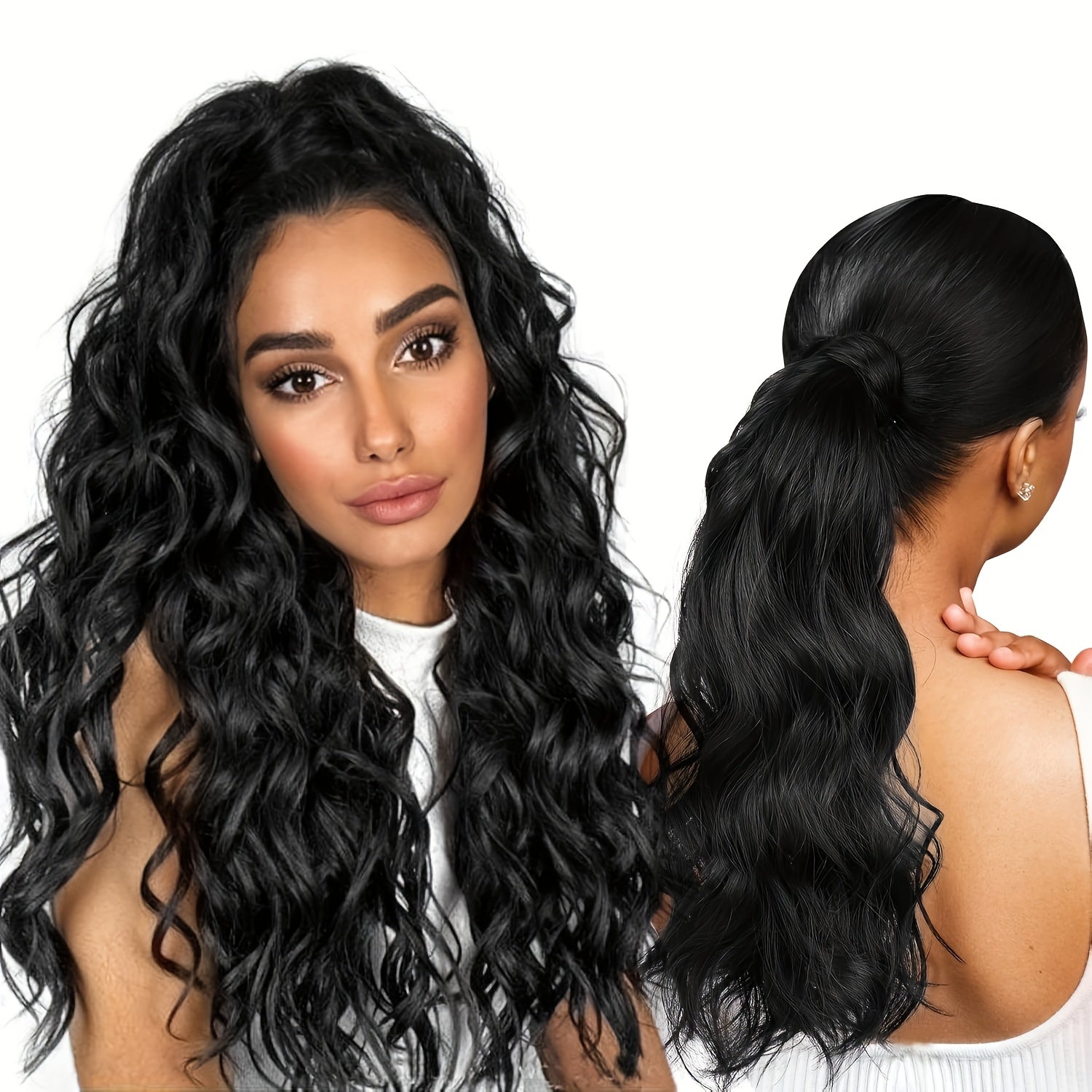 4pcs 40.64cm Half Up Half Down Ponytail Extension Set, Long Wavy Clip in Hair Extensions 3 Styles in 1 Tangle-Resistant Natural Soft Thick Fake Wrap Around Ponytail Synthetic Hairpiece