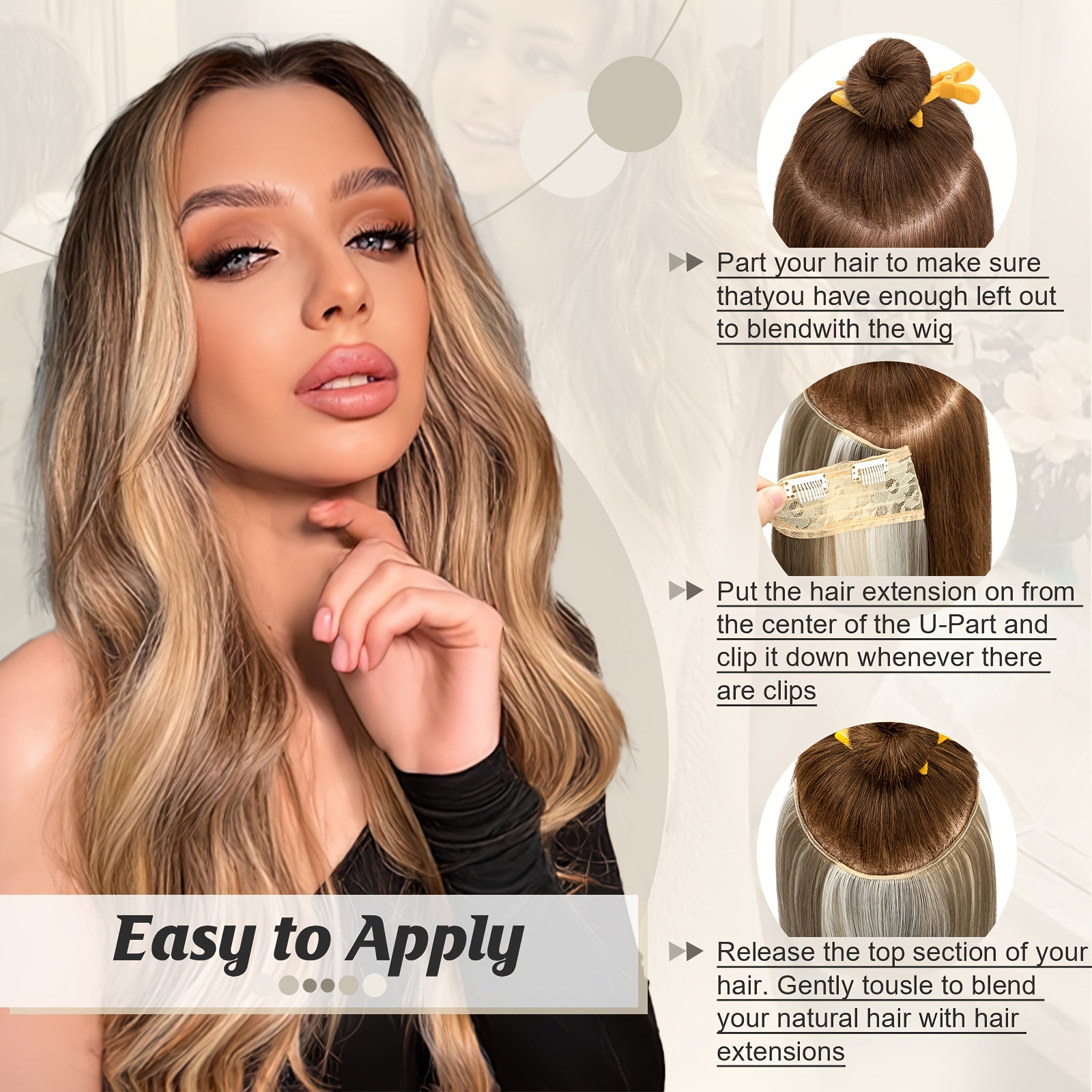 18in One Piece V-Shaped Long Wavy Clip In Hair Extensions Brown Blonde Highlight With 5 Clips For Women Daily Use