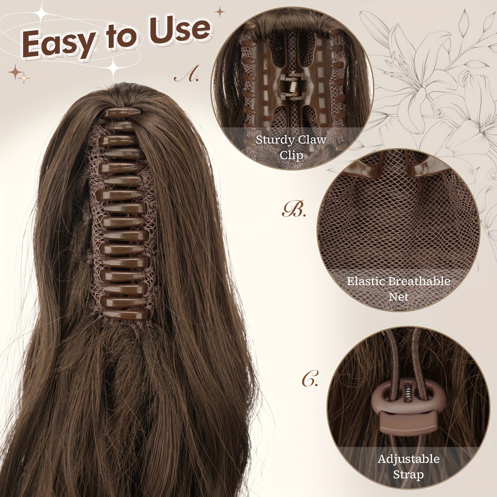 FESHFEN Ponytail Extensions, Long Claw Clip In Ponytail Hairpiece Synthetic Pony Tails Hair Piece Ponytail With Claw Clip Natural Wavy Hairpieces For Women, 50.8 cm