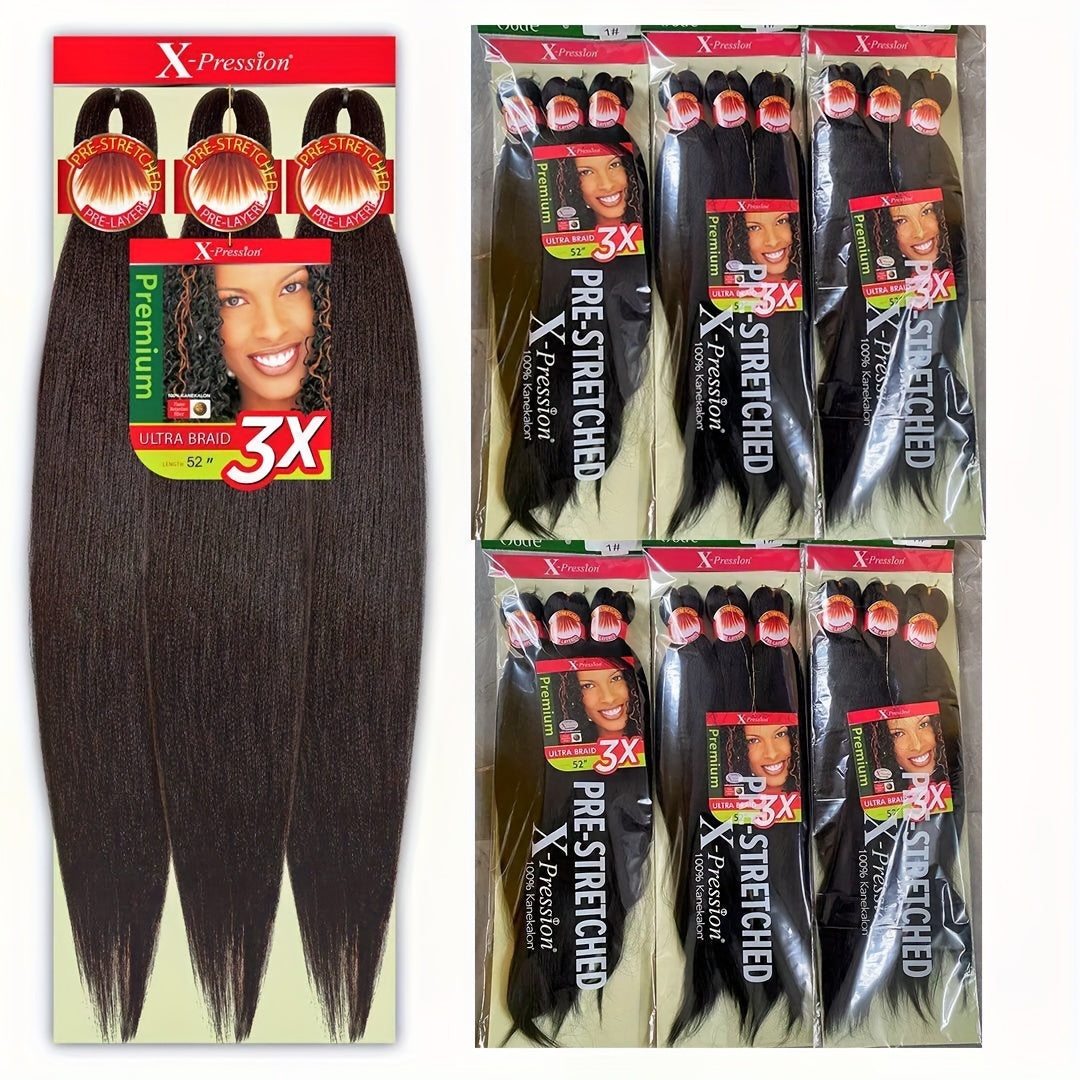 3x Stretch Kanekalon Hair Extensions - 66.04 cm Pre-Stretched Braiding Hair, Natural Black, Heat Resistant, Easy to Style, Perfect for Everyday & Special Occasions, Versatile Hairpiece, Sleek Hairpiece, Heatresistant Hair