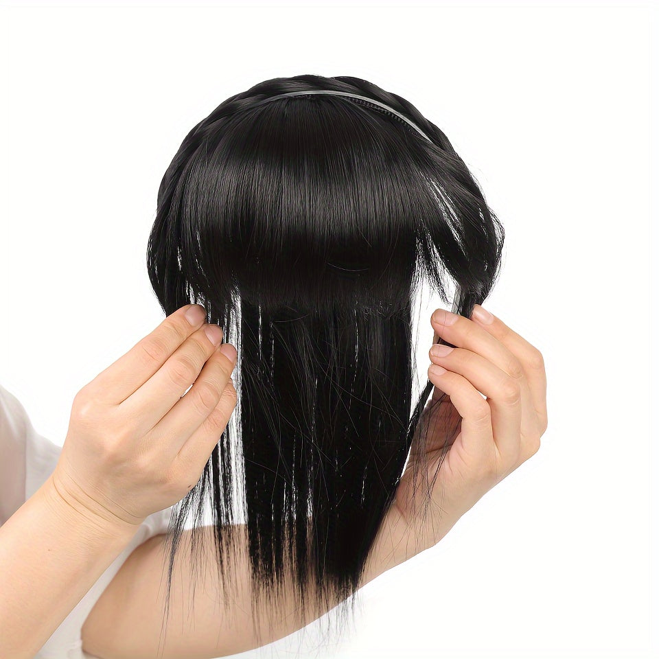 Women's Synthetic Straight Hair Topper with Clip-In Bangs and Overhead Braids - Natural Looking Fake Fringe Hair Extension Hairpiece for All Women Styles