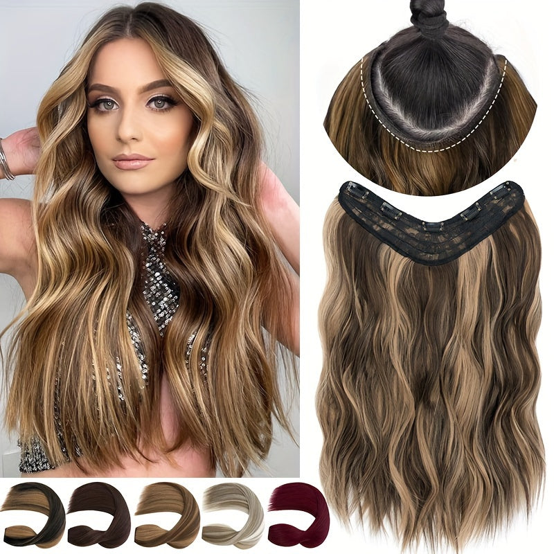 18in One Piece V-Shaped Long Wavy Clip In Hair Extensions Brown Blonde Highlight With 5 Clips For Women Daily Use