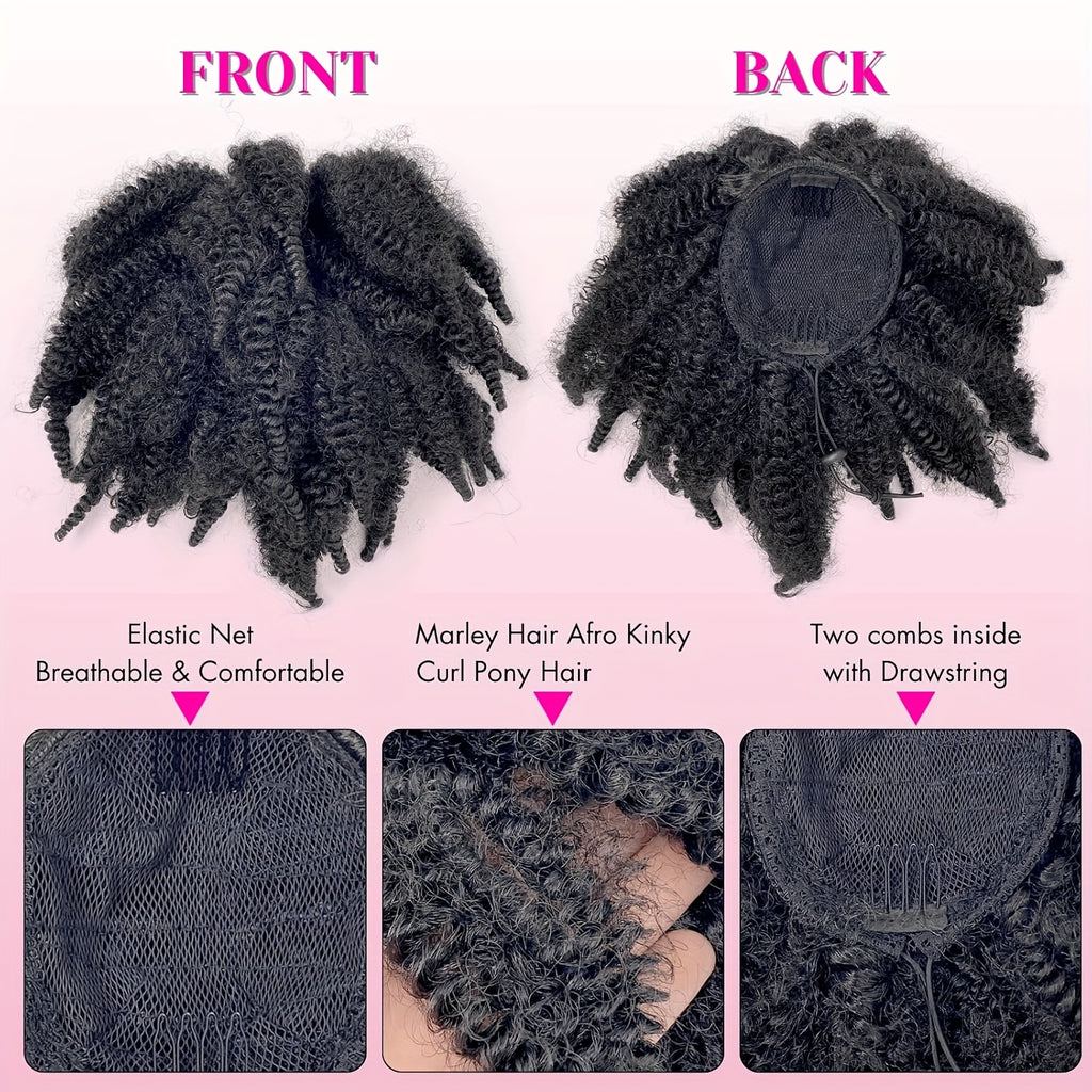 BELLE SHOW 35.56cm Afro Kinky Curly Ponytail Extension with Clips - Synthetic Hair Drawstring Ponytail for Women, Black | Secure Hold, Natural Look, Versatile Styling for All Ethnicities, Ponytail Hair Clip