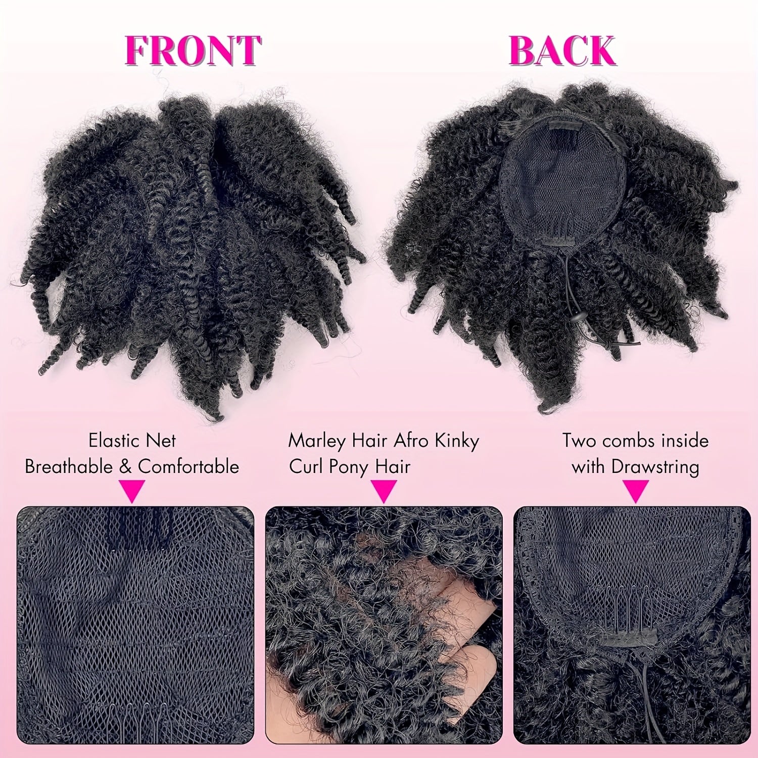 BELLE SHOW 35.56cm Afro Kinky Curly Ponytail Extension with Clips - Synthetic Hair Drawstring Ponytail for Women, Black | Secure Hold, Natural Look, Versatile Styling for All Ethnicities, Ponytail Hair Clip