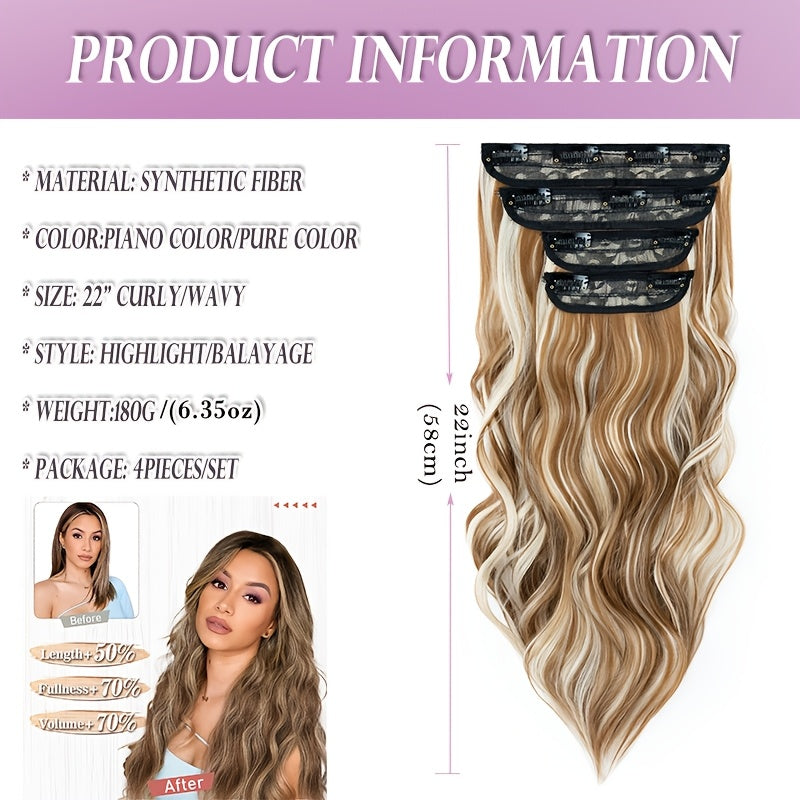 4pieces/Set Long Wavy Full Head Clip In Hair Extensions 22inch/55cm Soft Hairpieces Curly Thick Silk Fiber Double Weft Hairpiece Top Synthetic Hair Highlight Black Brown Blonde For Women Party Cosplay Christmas Halloween Dating Daily Use