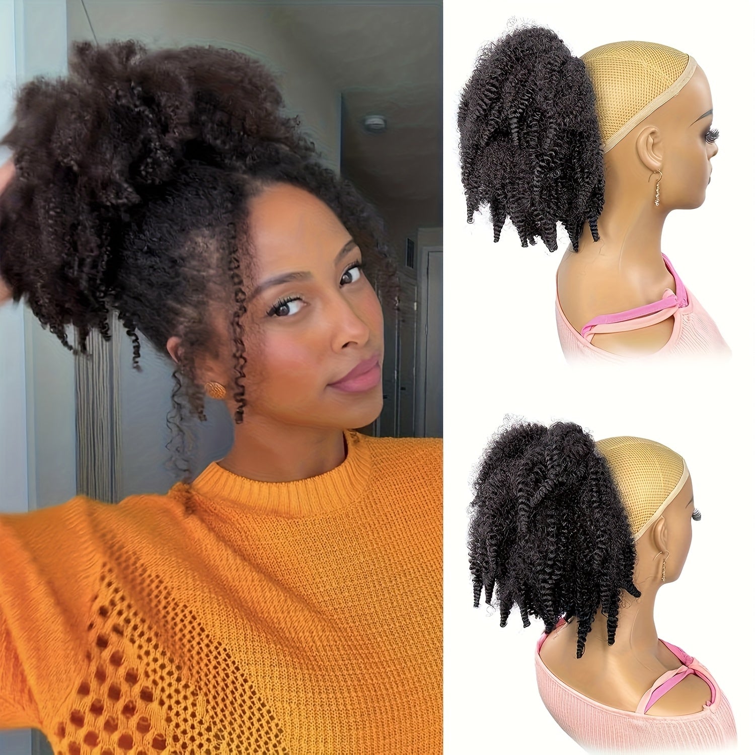 BELLE SHOW 35.56cm Afro Kinky Curly Ponytail Extension with Clips - Synthetic Hair Drawstring Ponytail for Women, Black | Secure Hold, Natural Look, Versatile Styling for All Ethnicities, Ponytail Hair Clip